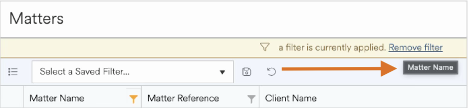 Interface showing applied filter options for selecting matter names in a table.